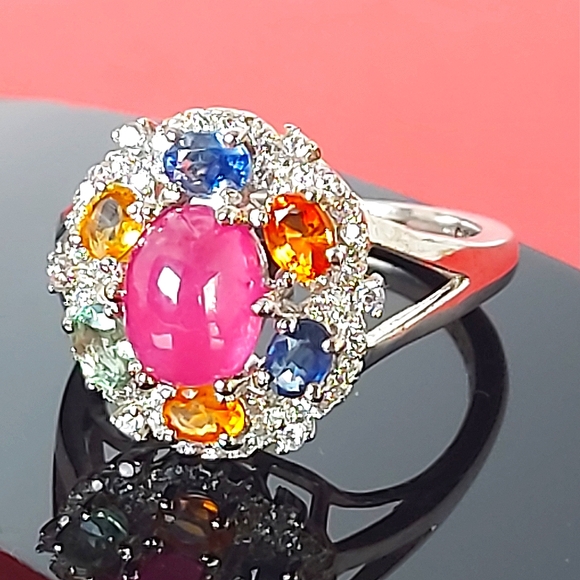 Natural‎ Ruby & Multi-color Sapphire 925 Sterling Silver Ring Sz 8 - Picture 7 of 7